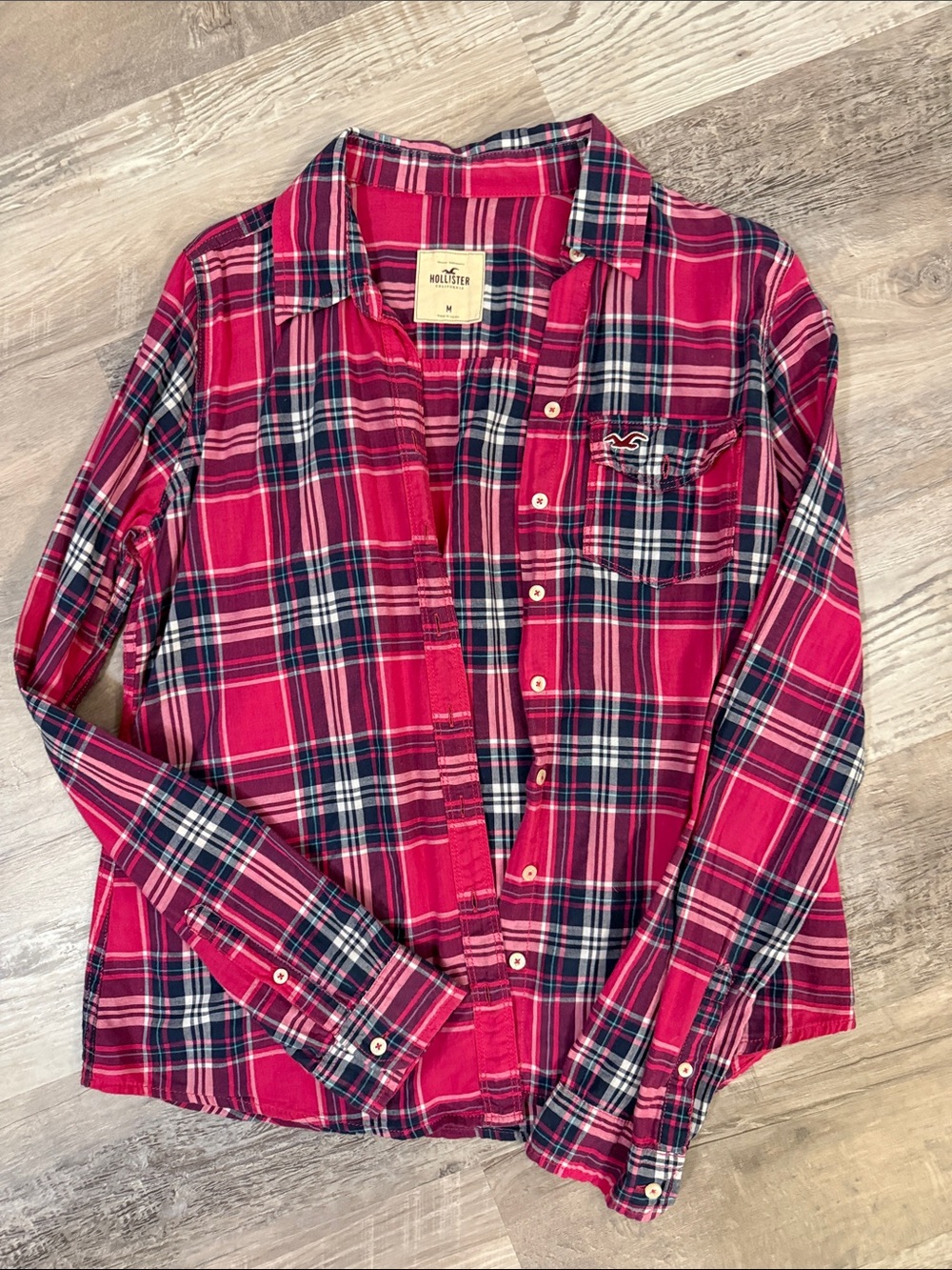 Hollister Pink and Navy Plaid Button-Up Shirt